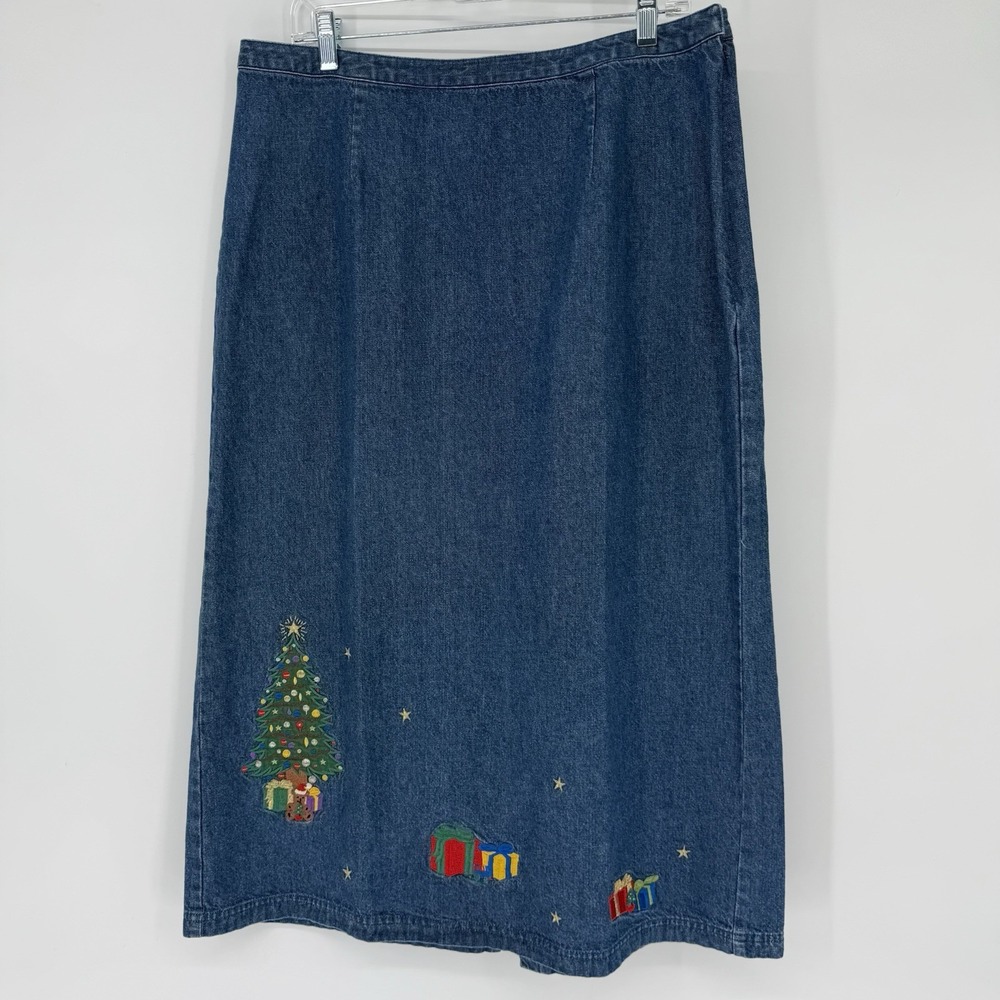 Westbound Women's Vintage Blue Denim Skirt‎ Size 16 Christmas Tree Gifts Holiday